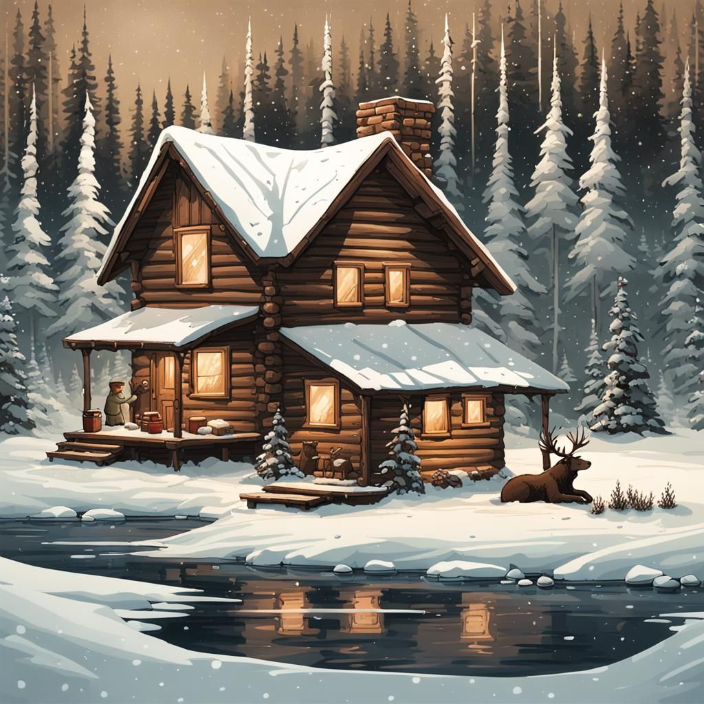 Cozy Alaskan Cabin in Winter Wilderness Art