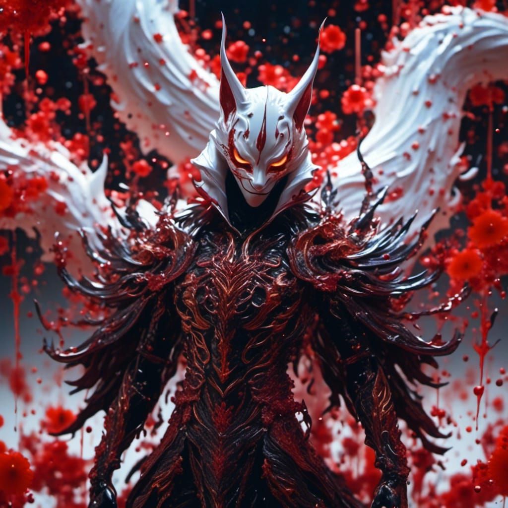 <lora:ensidia:1.0> A male ghost wearing a kitsune mask covered in blood
