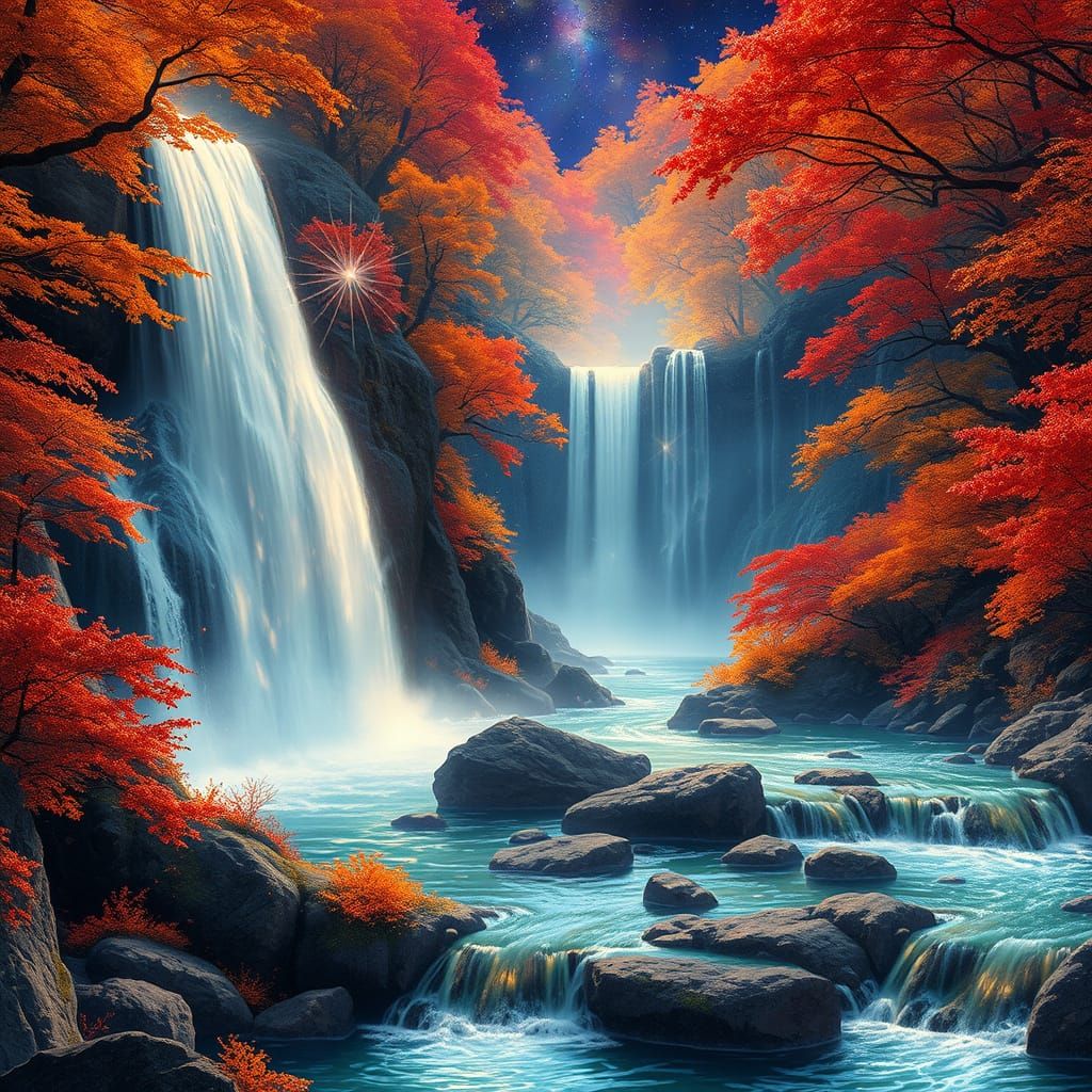 Majestic Autumn Waterfalls in Cosmic Holographic Style