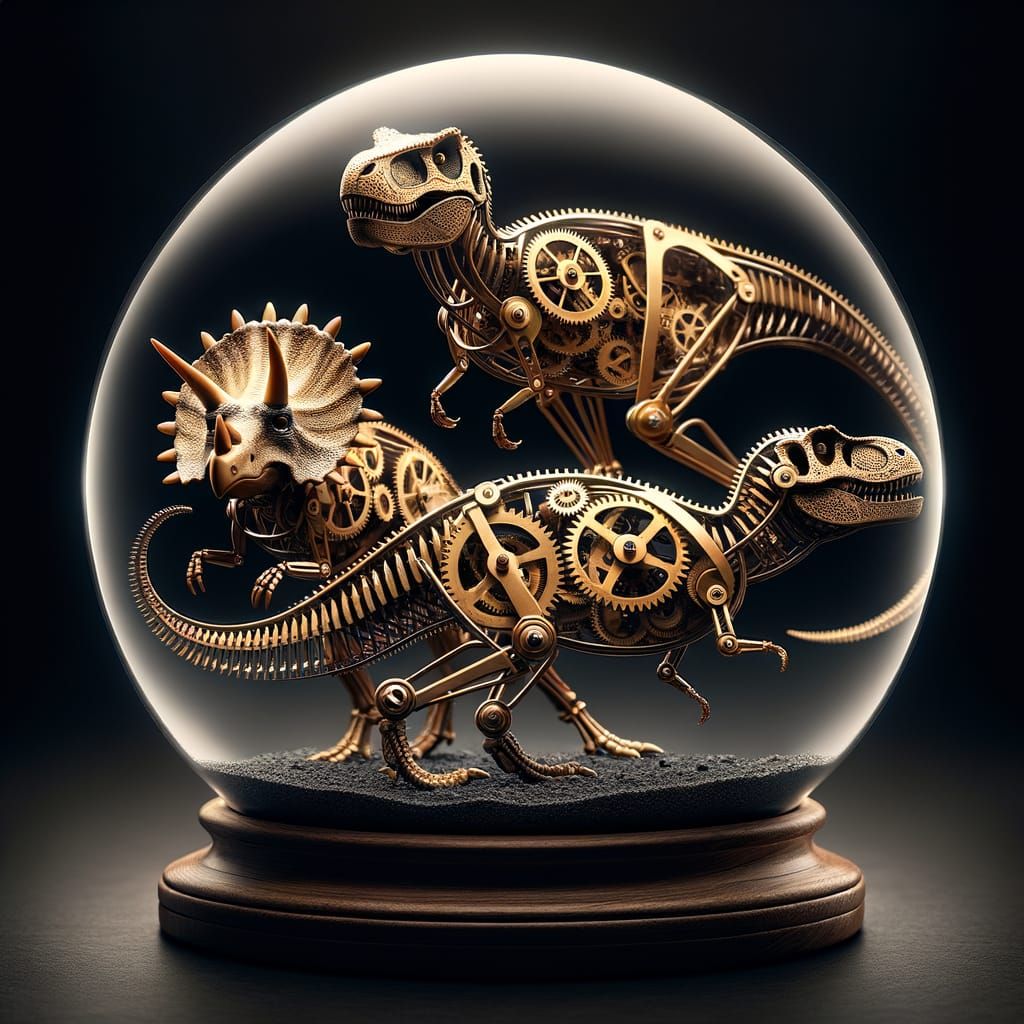 Mechanical Dinosaurs in a Timeless Glass Sphere
