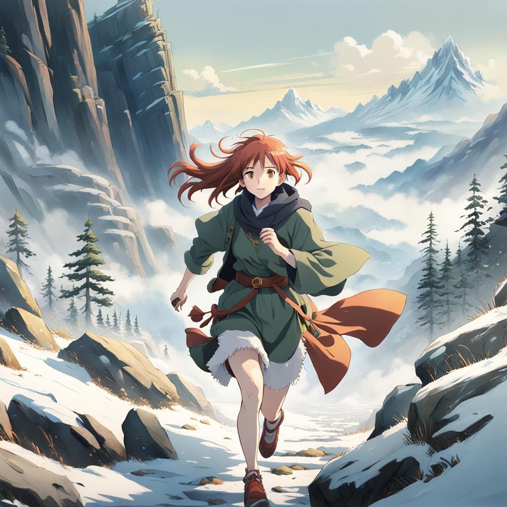 Joyful Redhead Runs Through Snowy Mountains