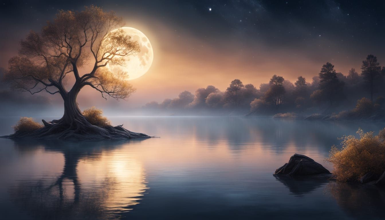 Surreal Moonlit Tree Radiates Ethereal Glow