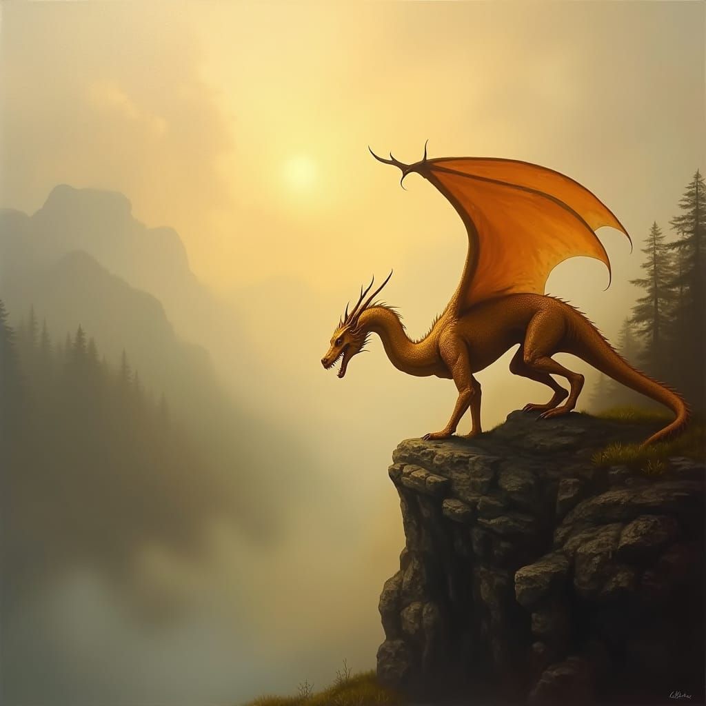 Golden Dragon in Highlands: Turner-esque Oil Painting