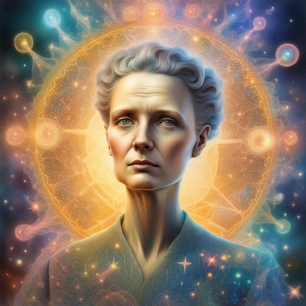 Marie Curie Ascends: Holographic Astral Illustration