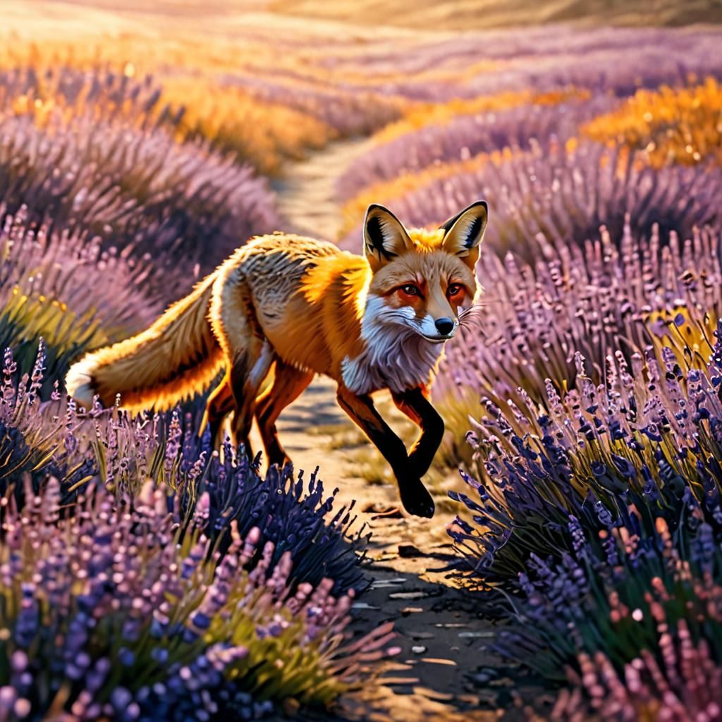 Red Fox Runs Through Lavender Field, Impasto Oil Painting