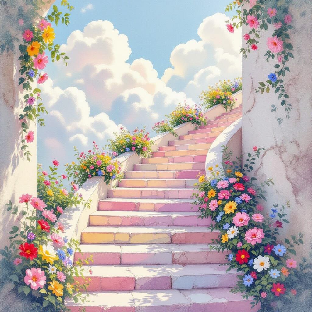 Elegant Stairs Ascend to Sky in Pastel Charcoal Drawing