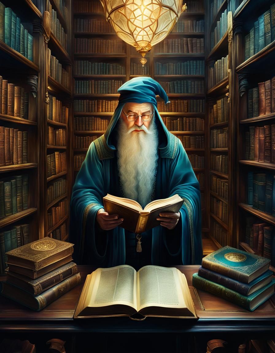 A wizard doing research in an old secret library
