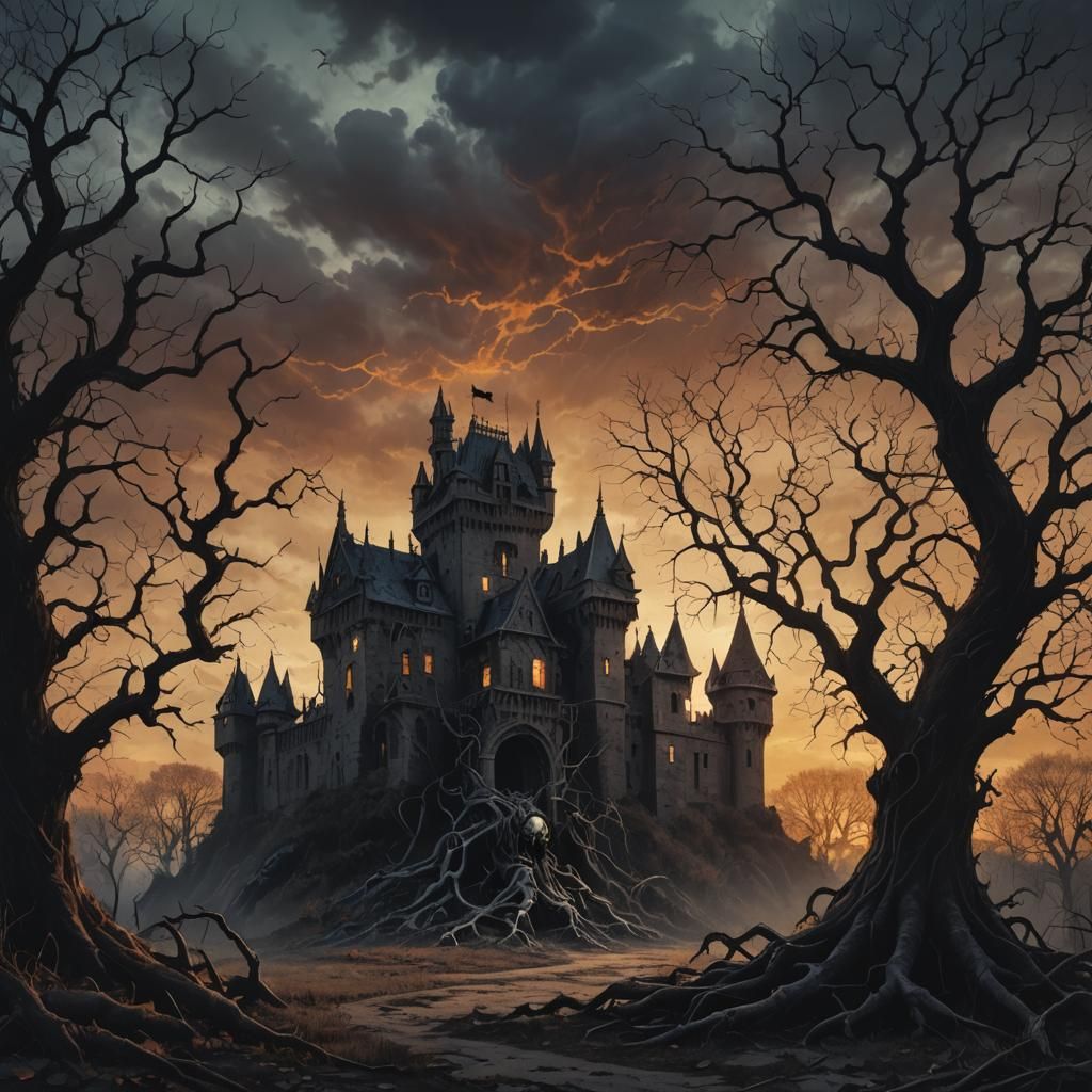 Demonic Creature at Abandoned Castle: Dark Fantasy Art