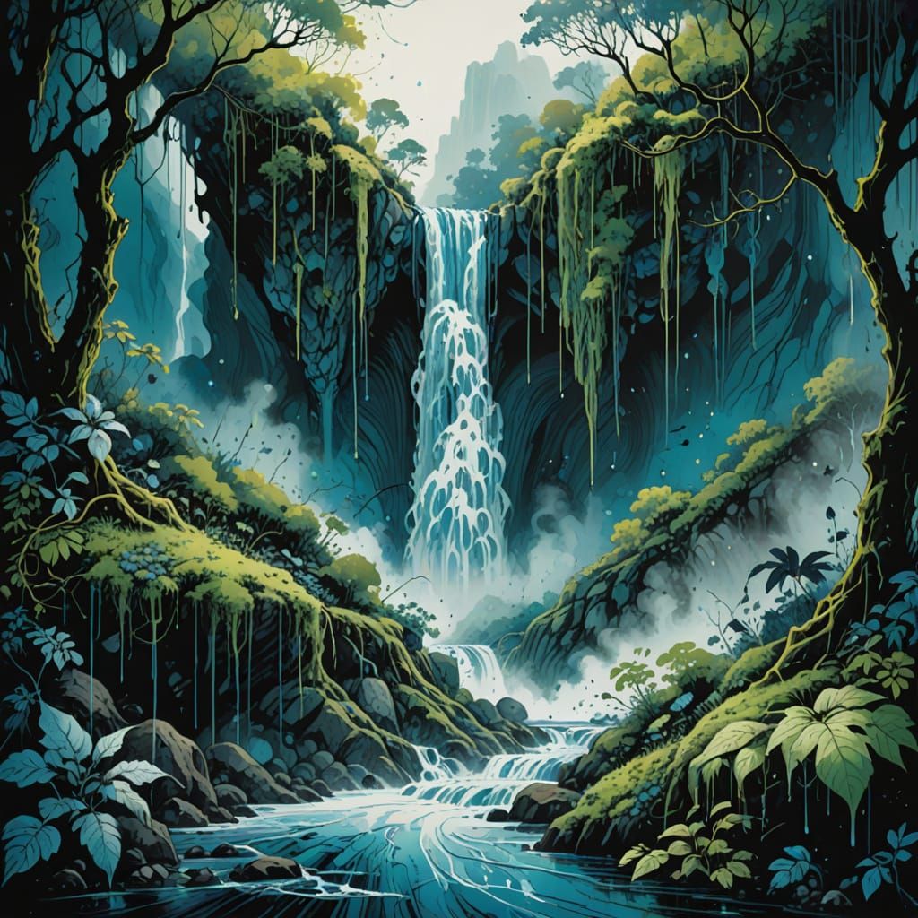 Dreamlike Waterfall in Ethereal Paradise, Ink Splash Art