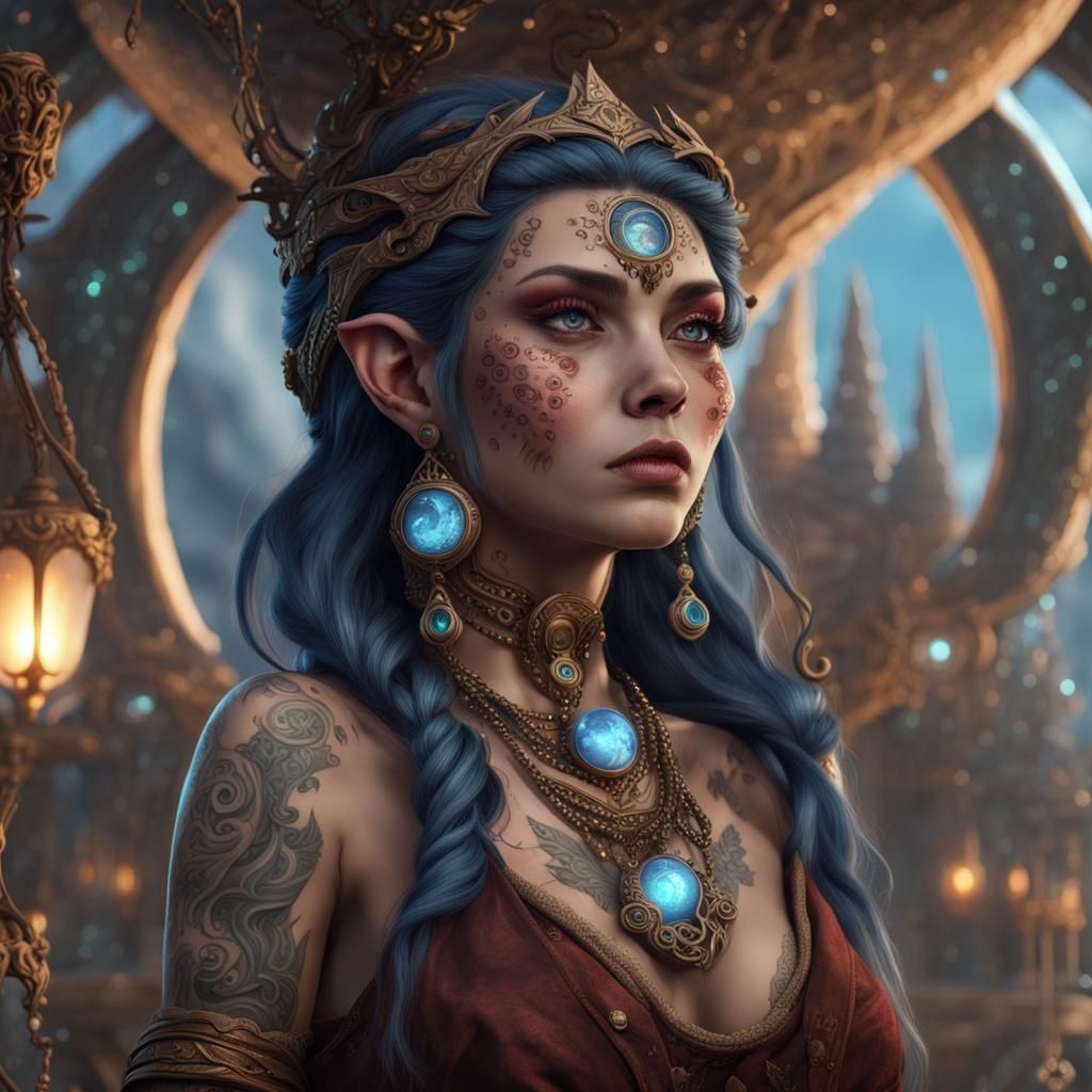 Gnome Woman with Moon Tattoos: Fantasy Art