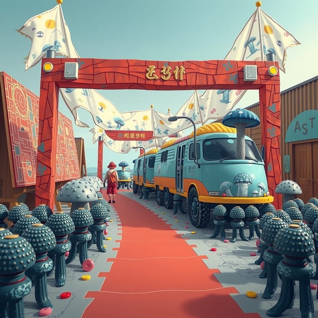 Vibrant Chewing Gum Sculpture with Whimsical Mushroom Flags