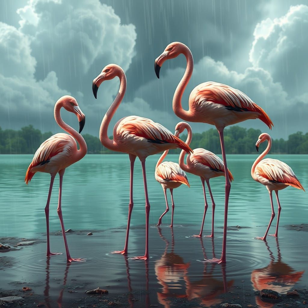 Vibrant Flamingos in Rainy Lake Scene, Fantasy Realism Art