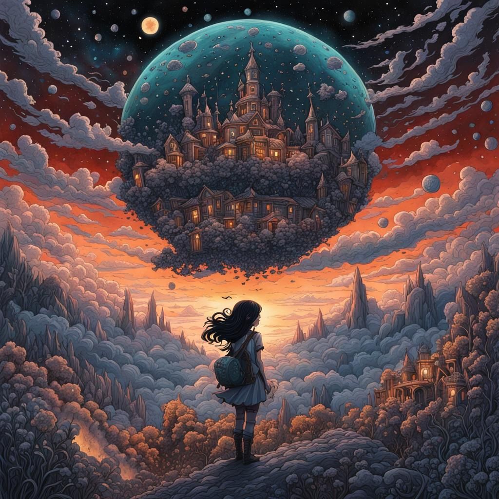 Apocalyptic Fairy in Star Cloud, Gouache Ink Drawing