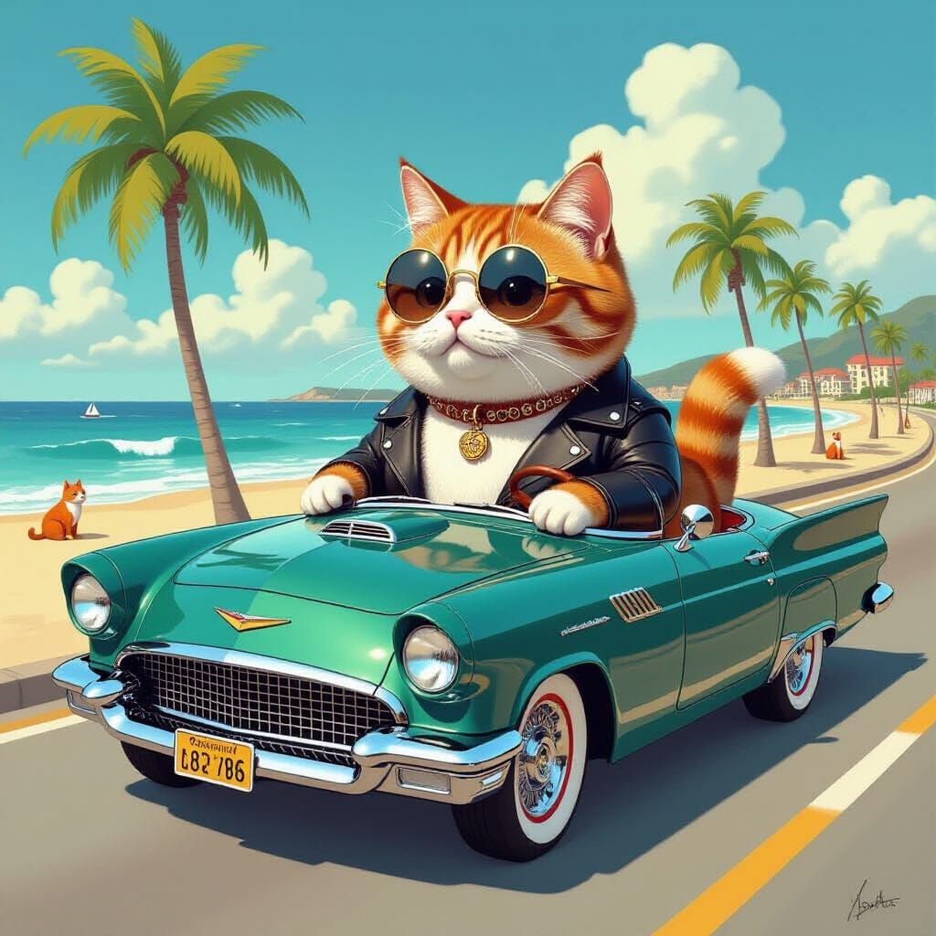 Cat Drives Dog-Car on Coastal Highway in Cartoon Style
