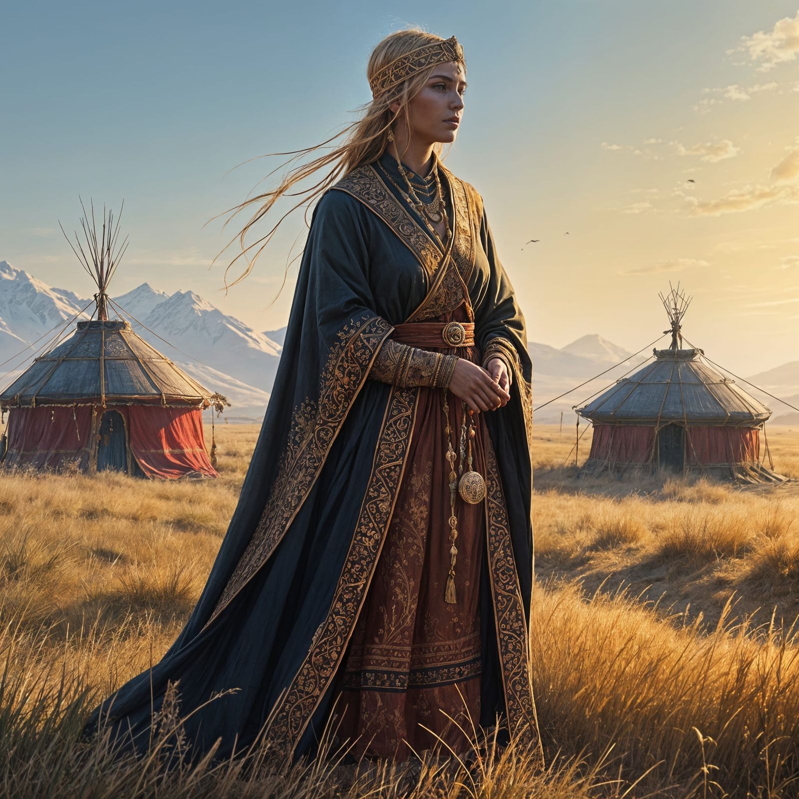Ancient Sarmatian Priestess Amidst Golden Steppes