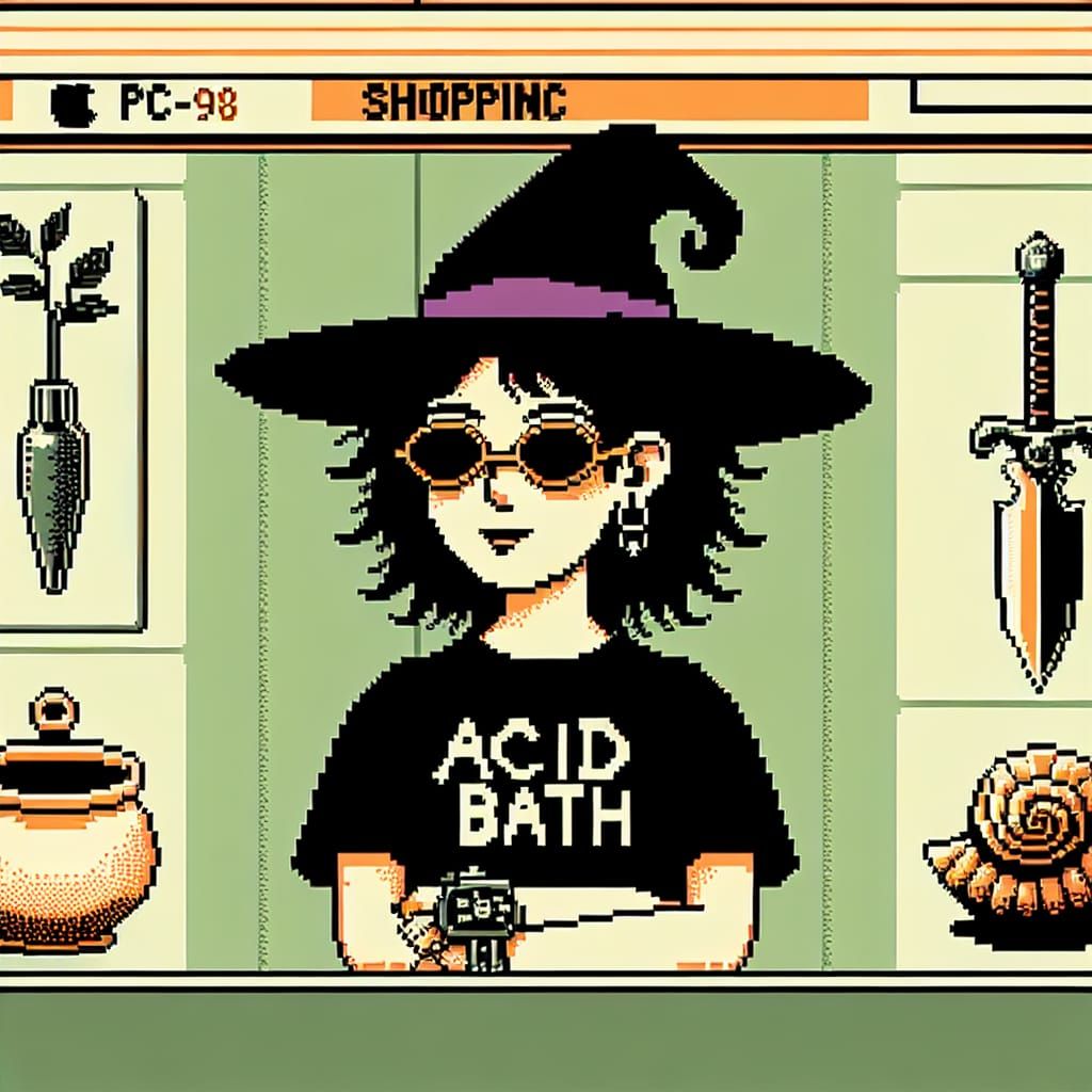 Retro-Futuristic RPG Shopping Scene in Pixel Art