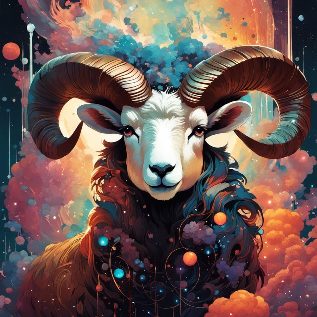 Nebula Ram with Bioluminescent Eyes in Anime Style