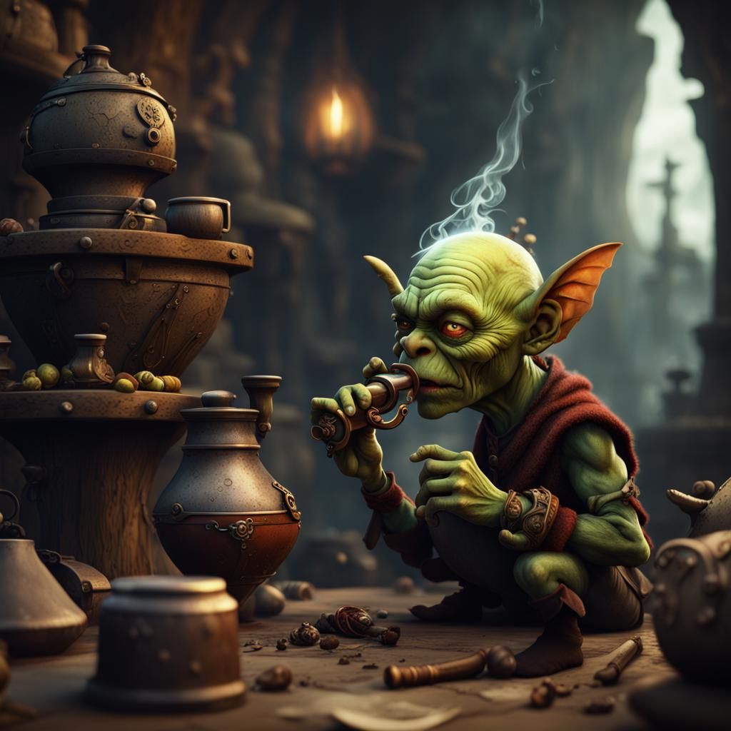 Detailed Goblin Smoking Pipe Fantasy Art