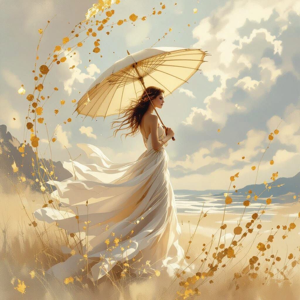 Romantic Impressionist Painting of Golden Splashes with Para...