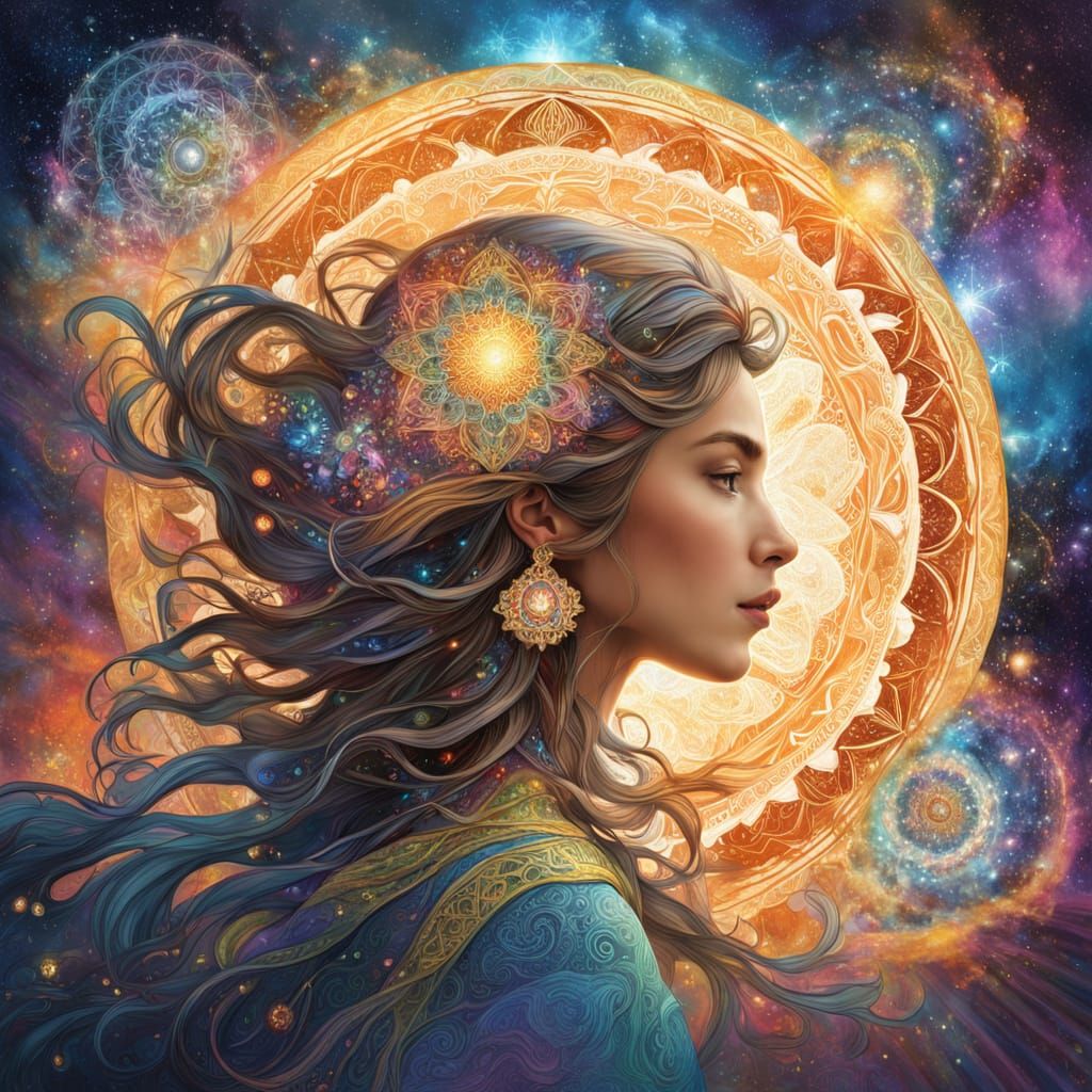 Serene Astral Goddess in Vibrant Mandala Cosmos