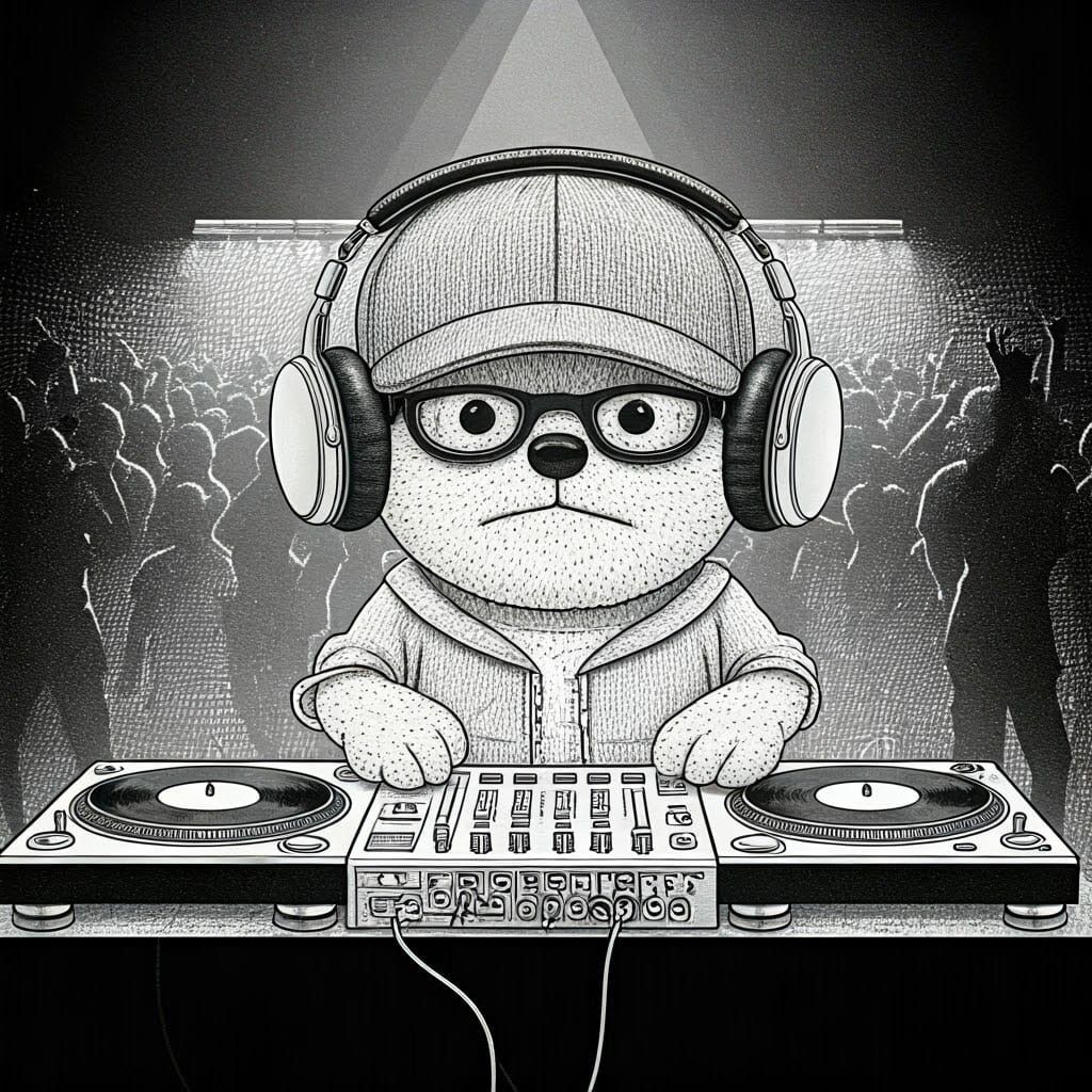 Bernadoodle DJ at House Party in Comic Style
