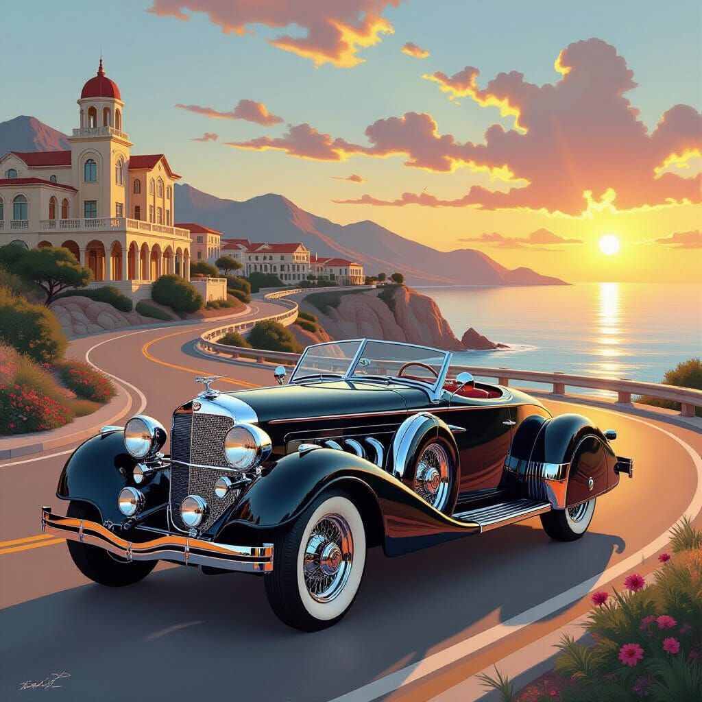 Auburn Speedster on Coastal Highway in Art Deco Style
