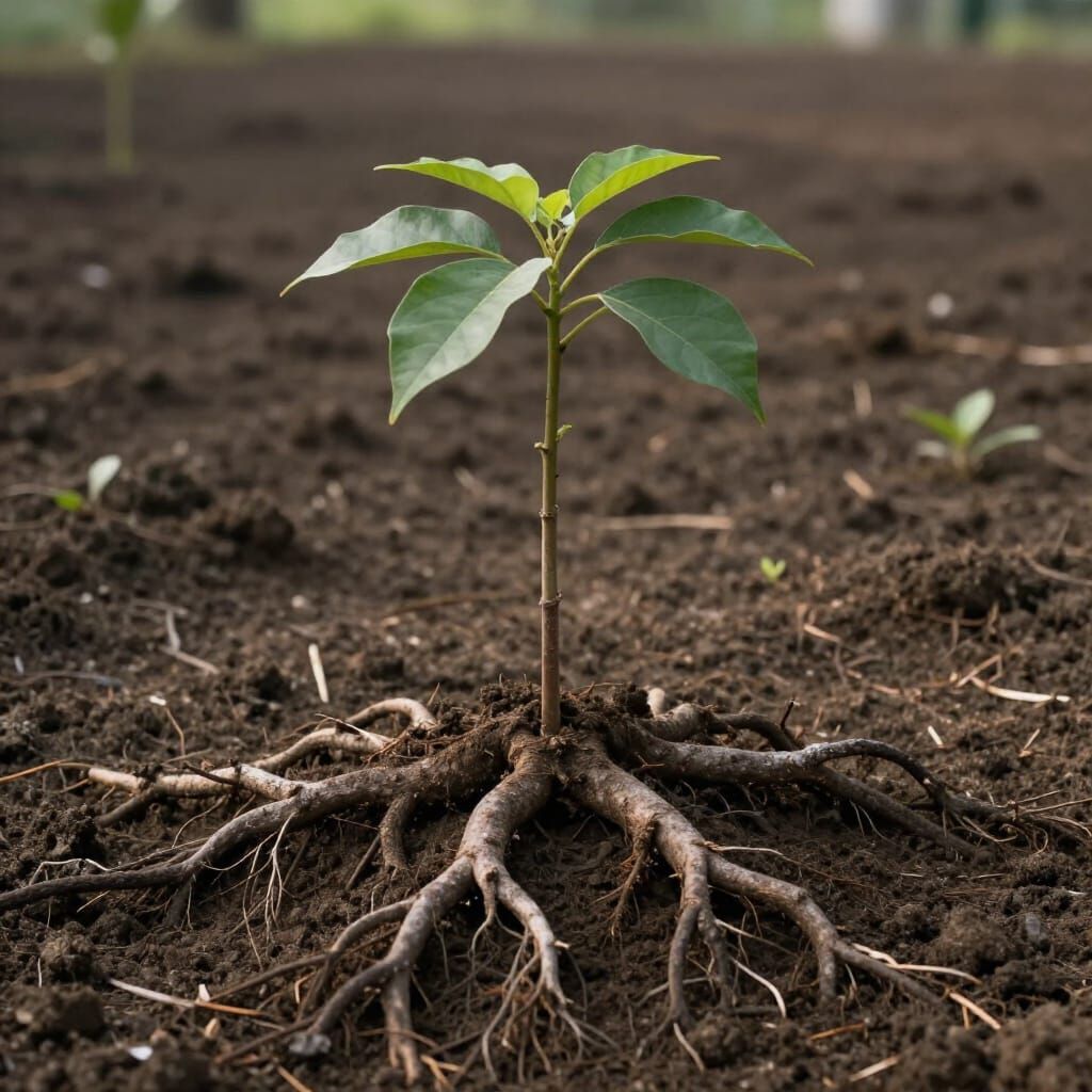Young Tree With Deep Roots Growing in Fertile Soil