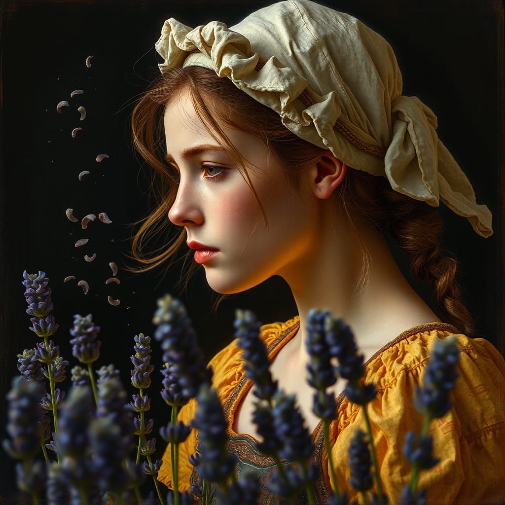 Farm Maiden Harvesting Lavender: Hyperrealistic Splash Art