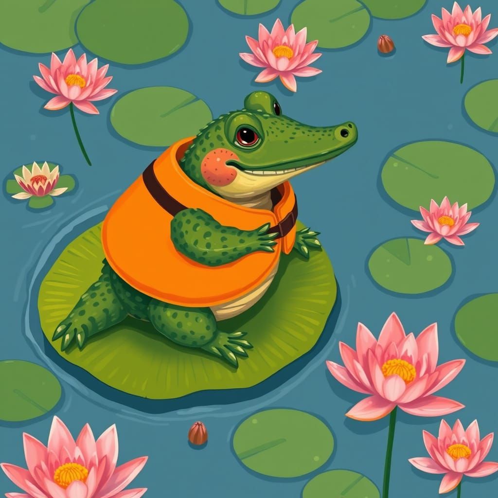 Crocodile in Life Jacket on Lily Pad