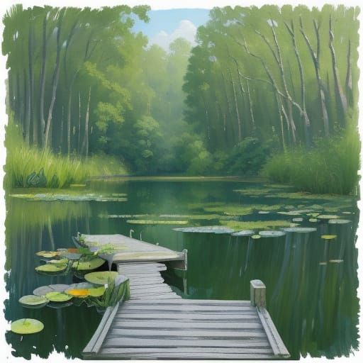 Idyllic Lake Scene in Vibrant Oil Painting
