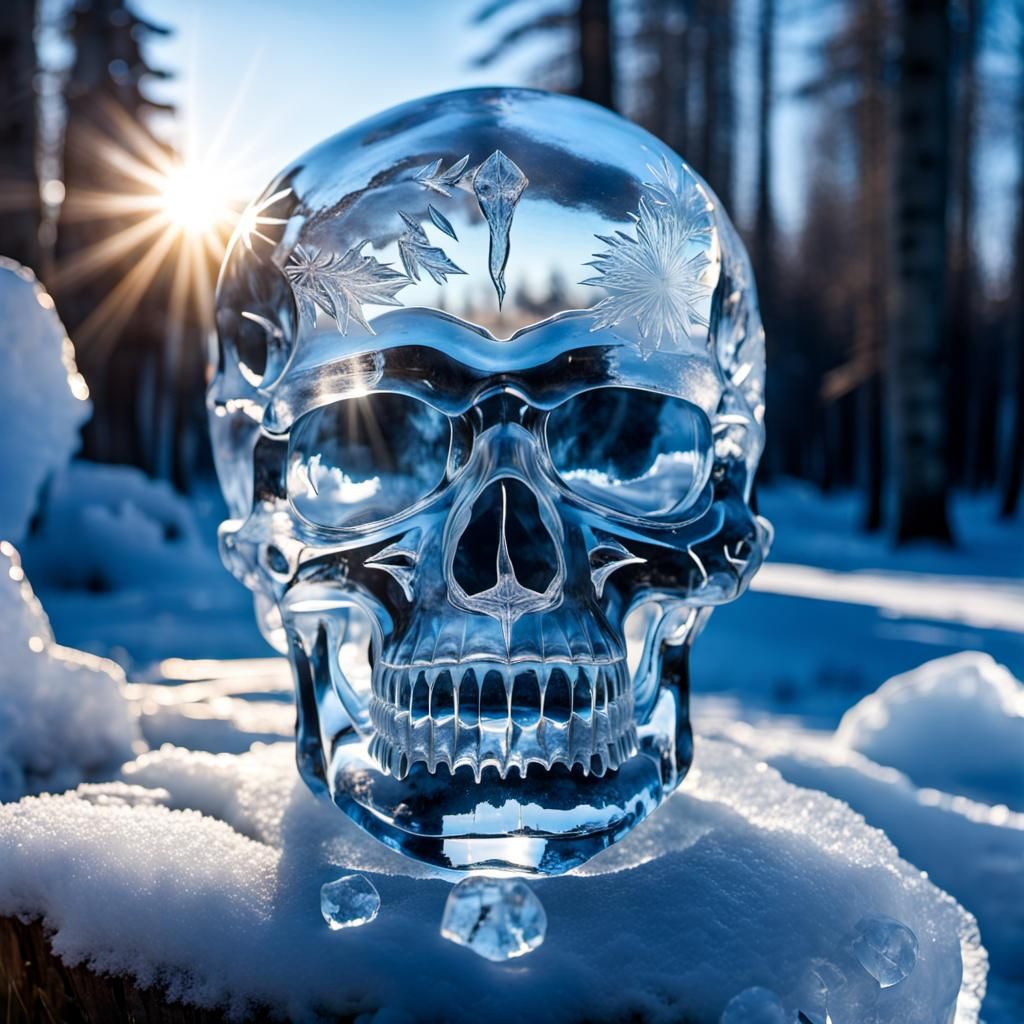 High quality photo, beautiful shimmering crystal neon skull sculpture carved from ice, in a frozen tundra, away from civ...