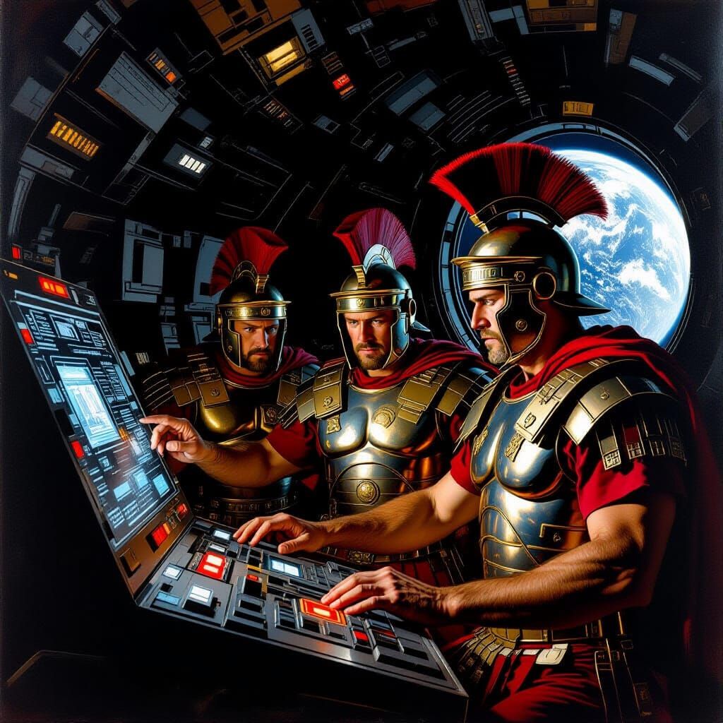 Roman Centurions Bewildered by Futuristic Spaceship Controls