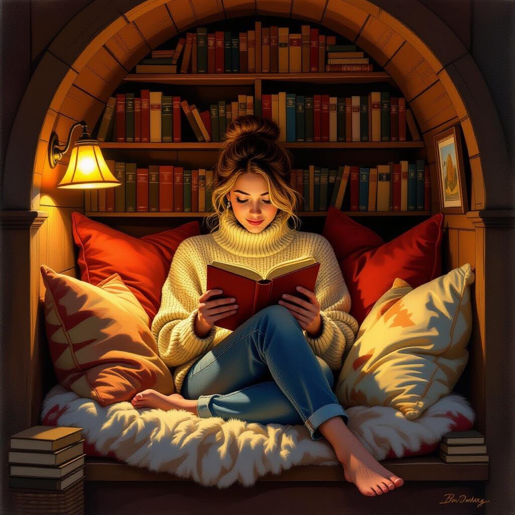 Cozy Reading Nook in Impressionist Style