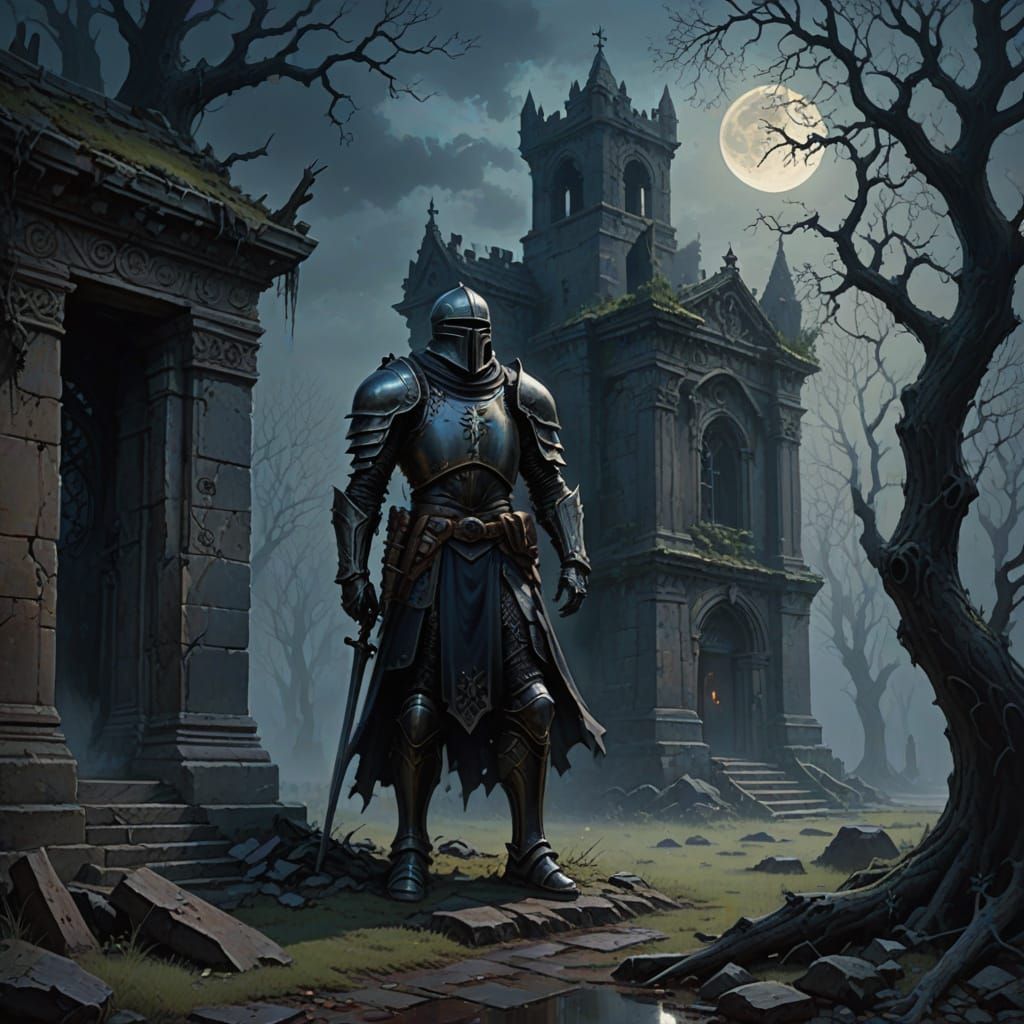 Spectral Knight Guards Mausoleum in Dark Fantasy Oil Paintin...