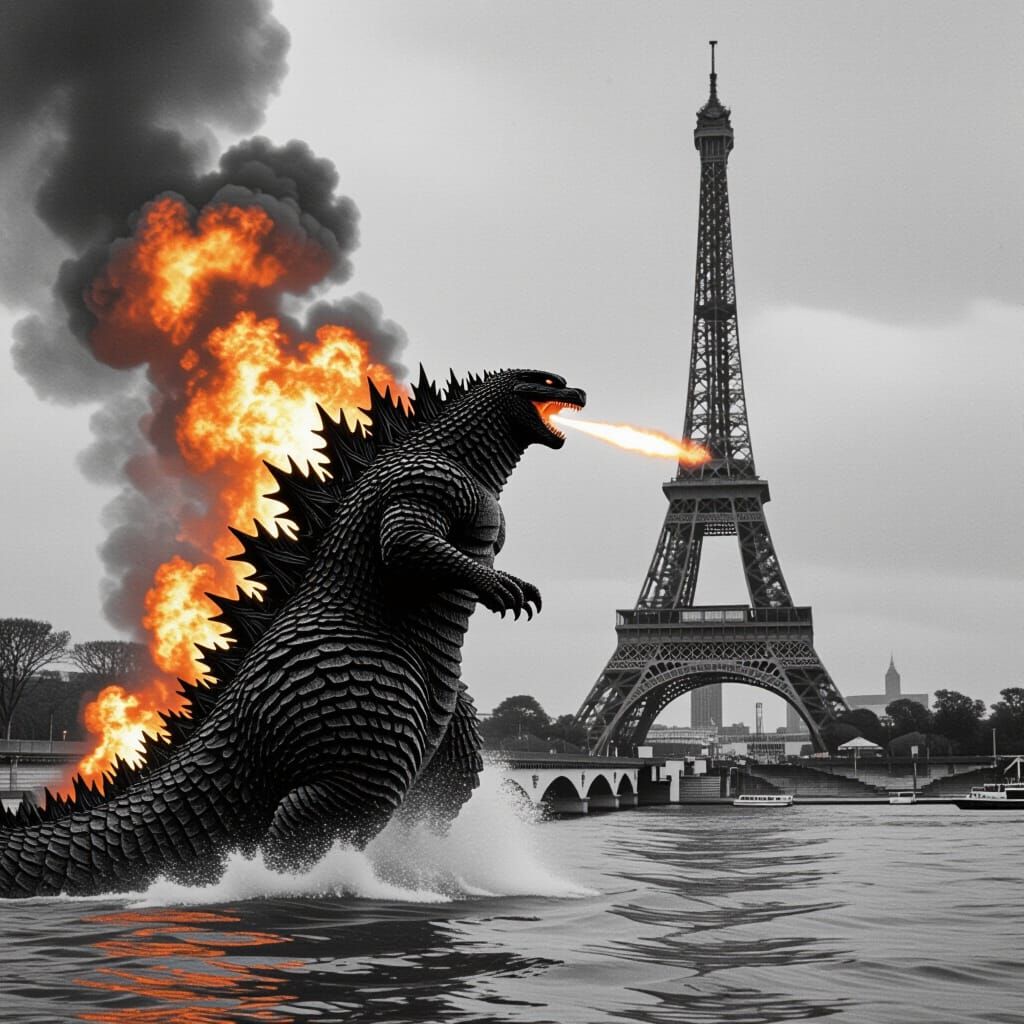 Godzilla Strides up Seine in Gritty Black and White