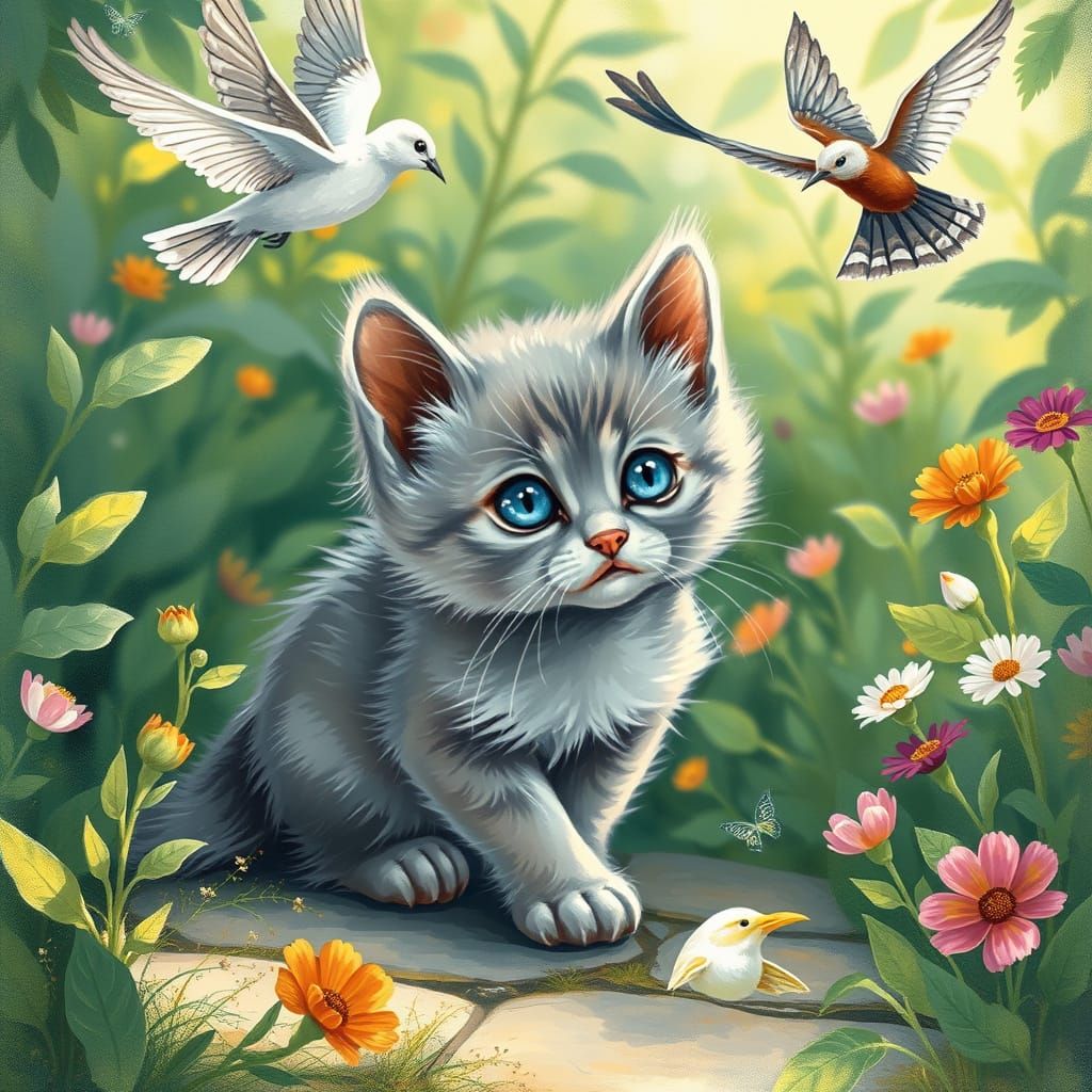 Playful Grey Kitten Watches Birds Soar in a Whimsical Garden