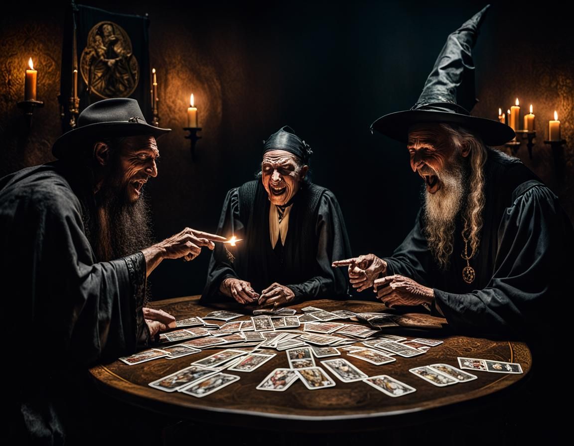 Horror Tarot Reading with Witch and Shocked Man
