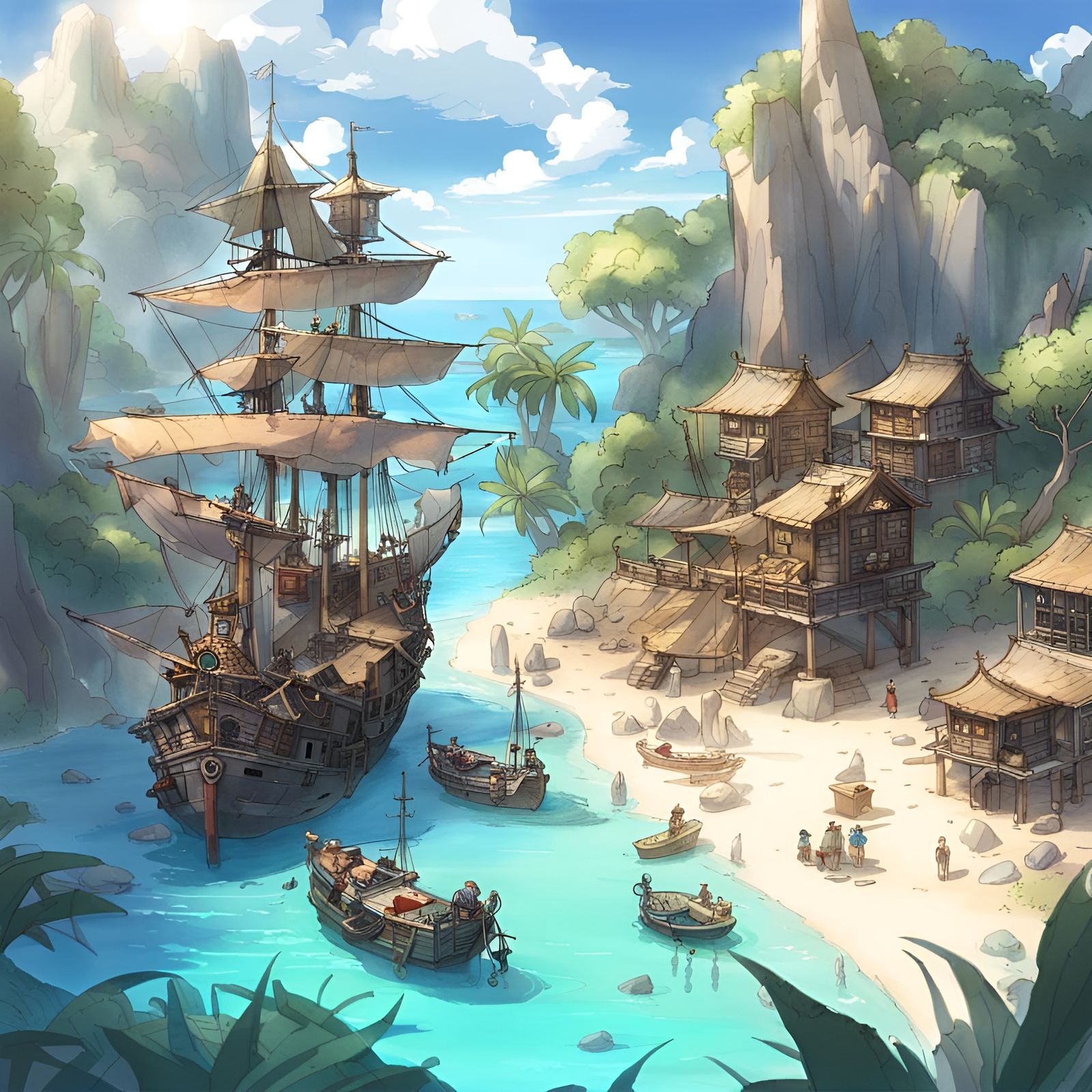 Tropical Pirate City in Anime Style