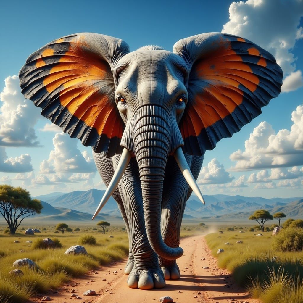 Elephant with Butterfly Patterns in African Savanna