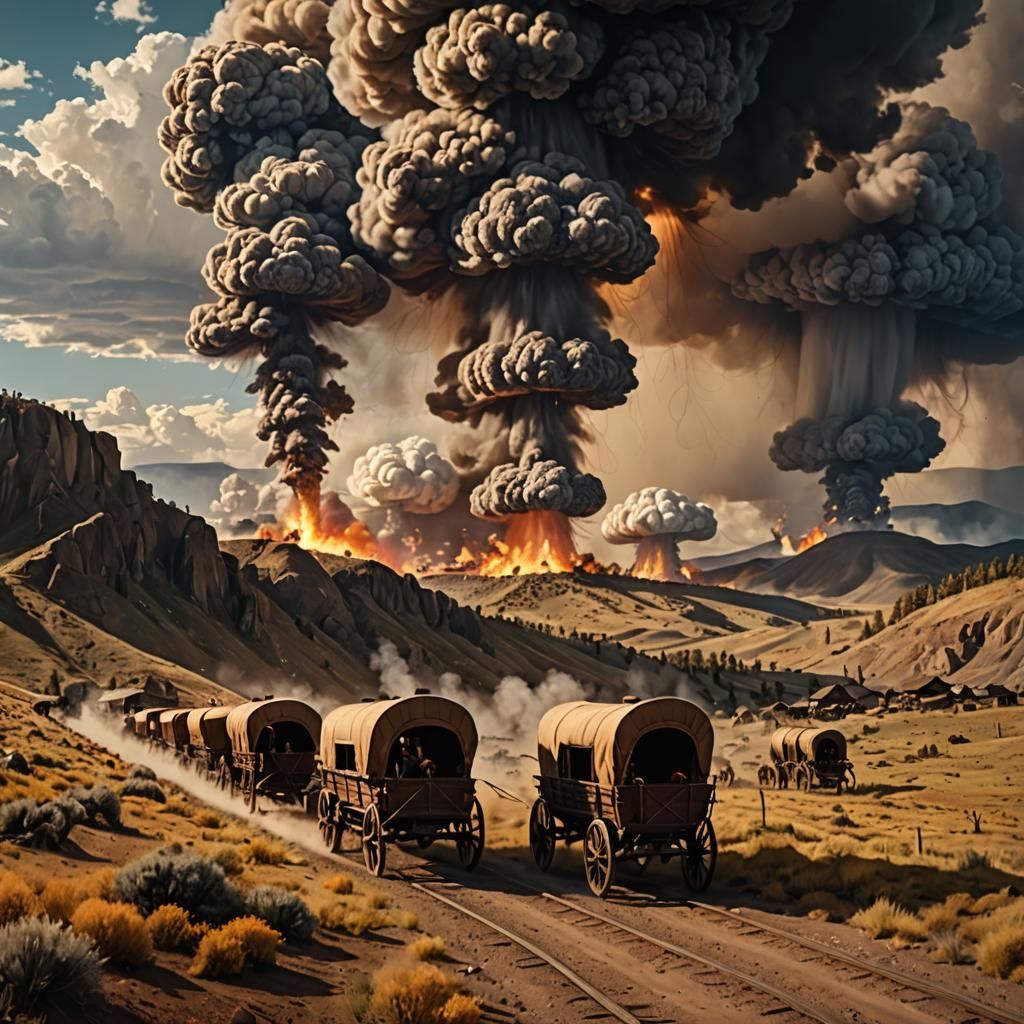 Old West Wagon Train with Distant Threat