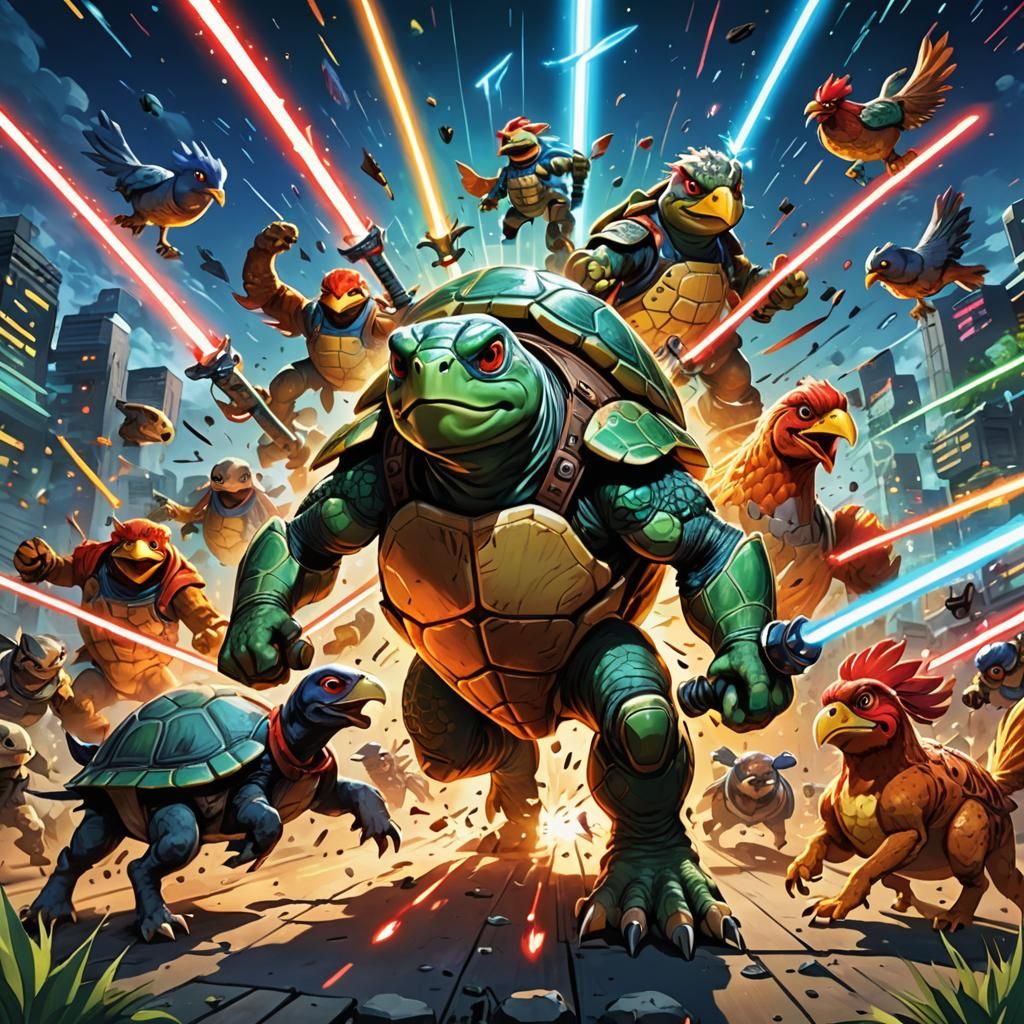 Turtle and Chicken Army Battle in Anime Style