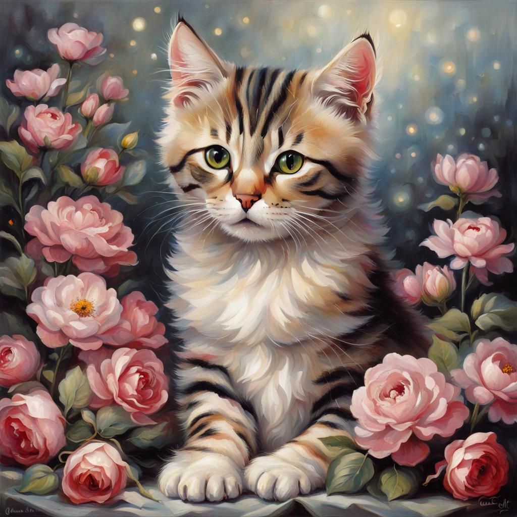 Cat on Pillow Surrounded by Flowers Mural