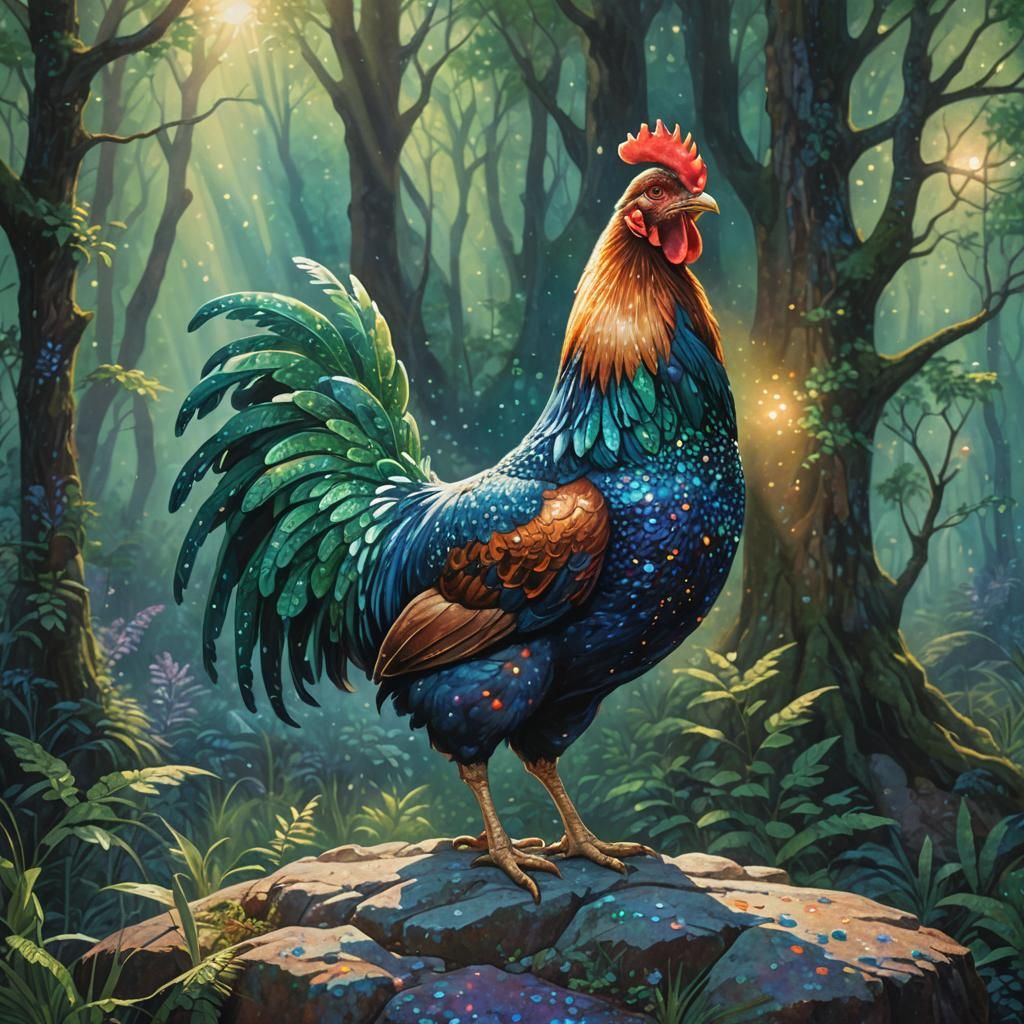 Pointillist Chicken in Mystical Forest