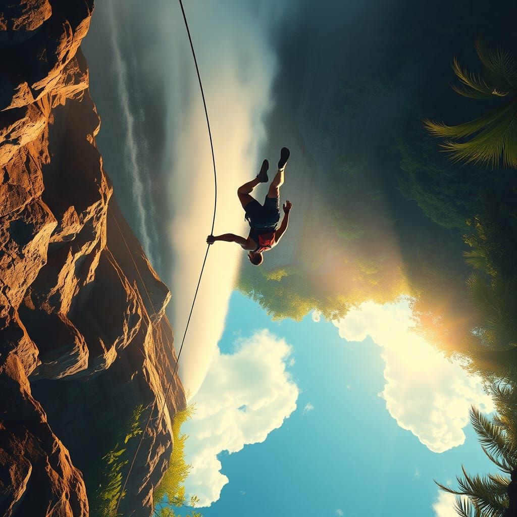 Man Descending a Tropical Waterfall in a Vibrant Fantasy Wor...