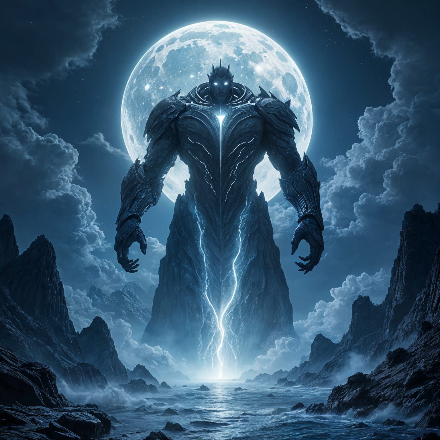 Cosmic Being Descends Through Moonlit Storm