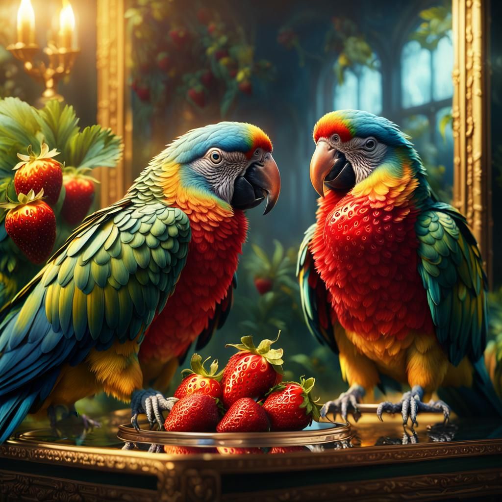 Glassy Parrots and Strawberries: A Cinematic Oil Painting