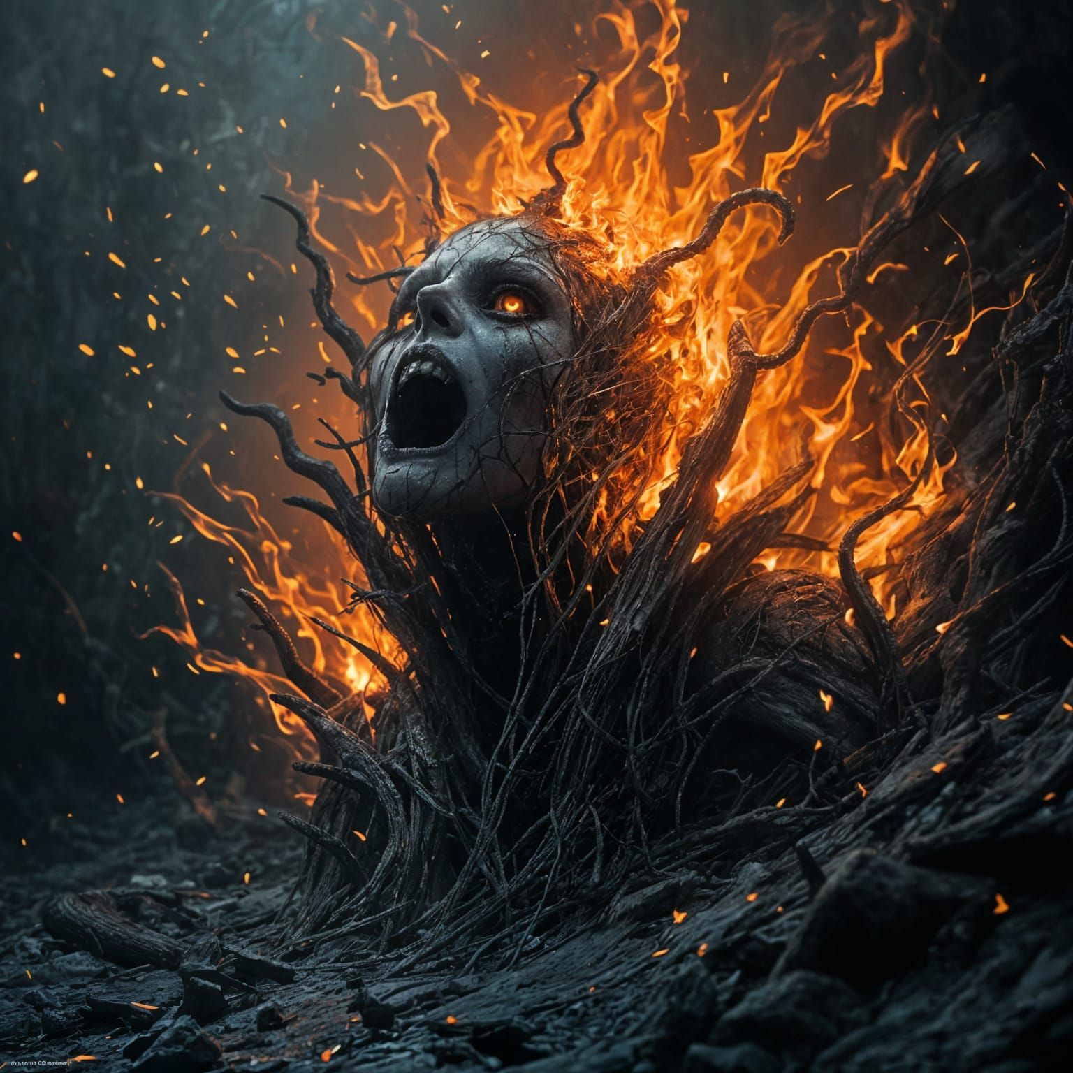 Haunted Face Engulfed in Flames of Despair