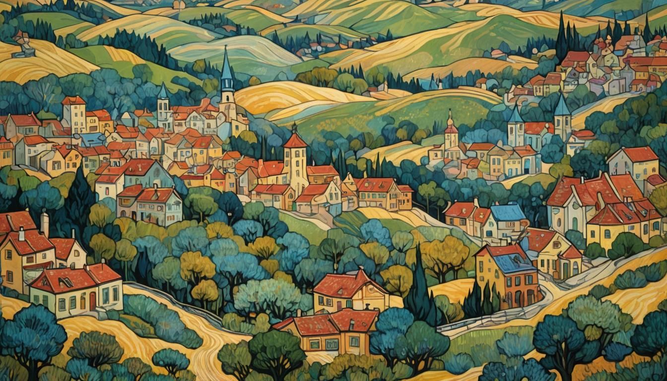 Whimsical Van Gogh Landscape with Ornate Architecture