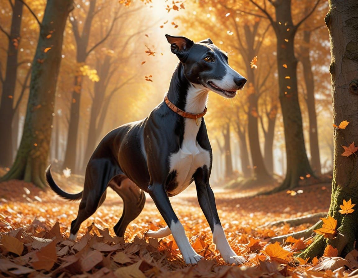 Joyful Greyhound Dashes Through Autumn Leaves