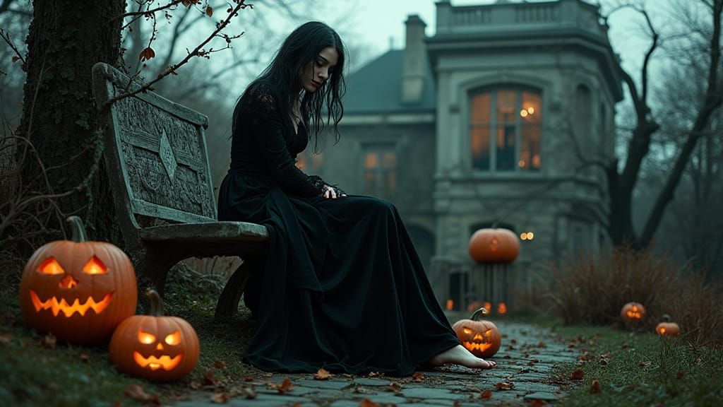 Gothic Woman in Haunted Garden at Dusk